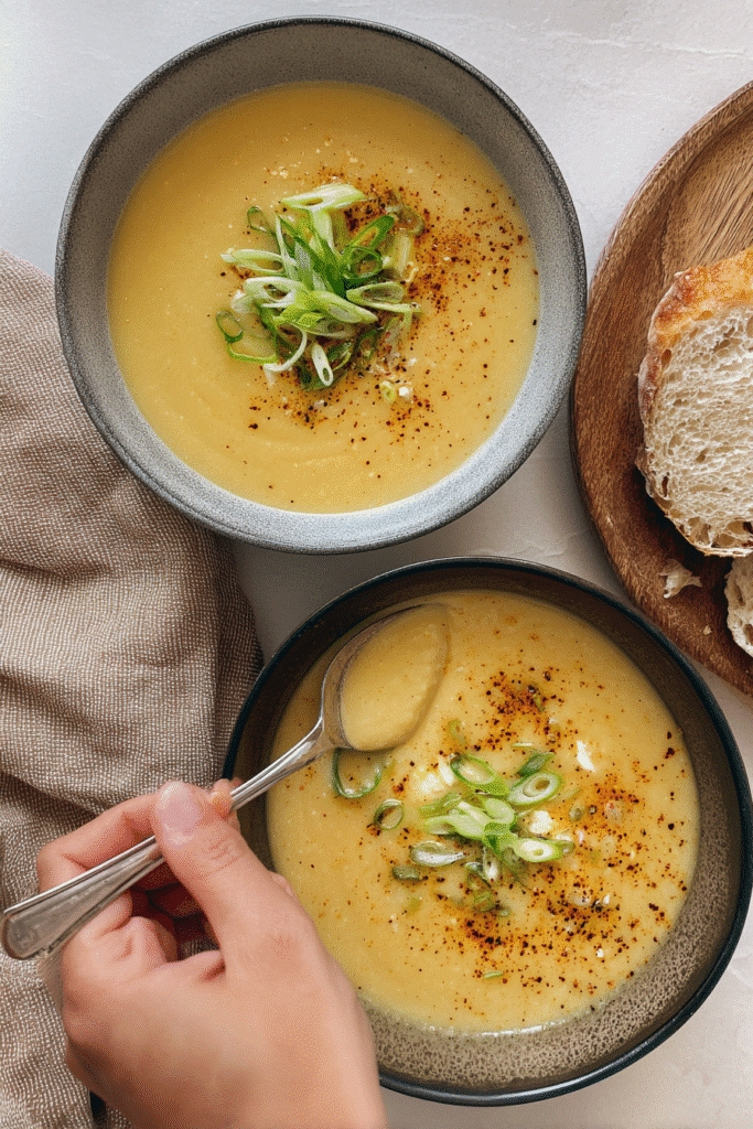 Warm creamy vegan carrot potato soup topped with sliced green onions and spices, served with crusty bread