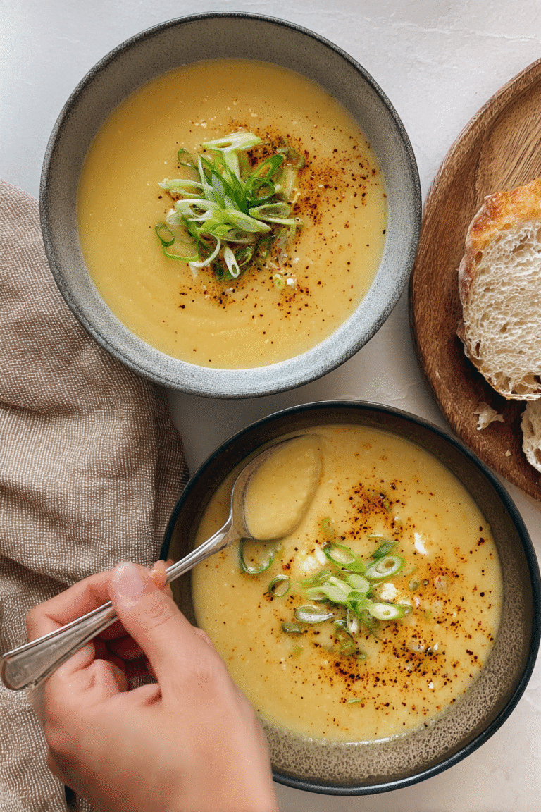 Warm creamy vegan carrot potato soup topped with sliced green onions and spices, served with crusty bread