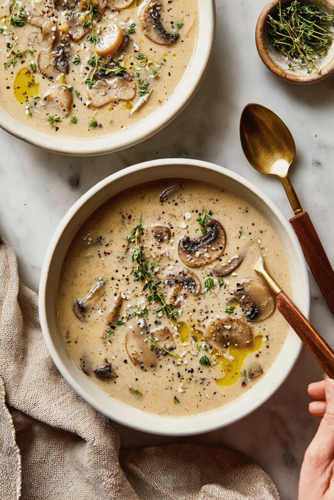 Creamy mushroom soup served in bowls with fresh thyme, olive oil drizzle, and pepper for a cozy and delicious meal