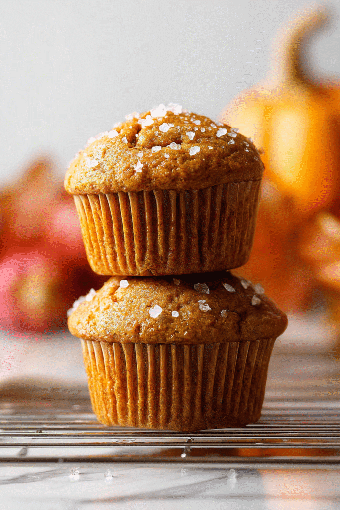 Freshly baked pumpkin muffins stacked on a cooling rack with coarse sugar on top, warm fall background