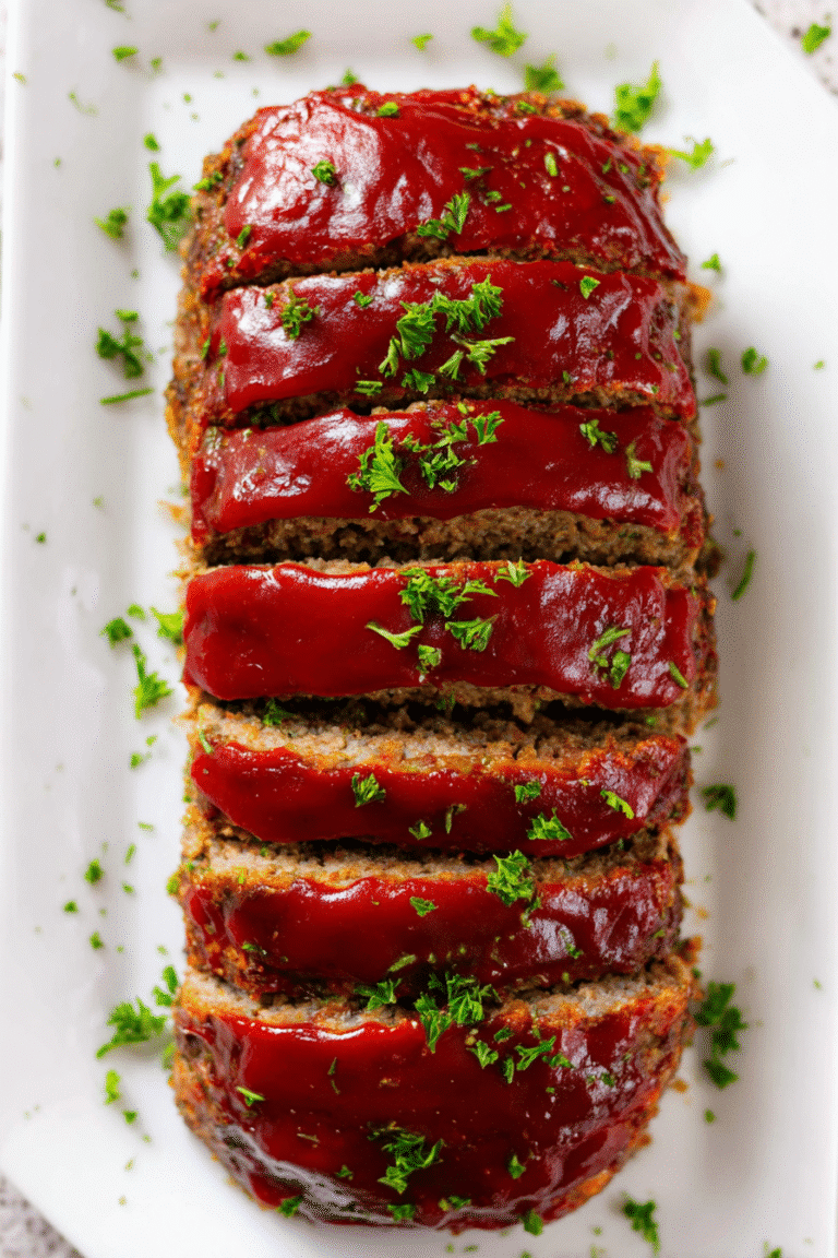 Moist classic meatloaf with a tangy ketchup glaze and fresh parsley on top, served warm on a white dinner plate.