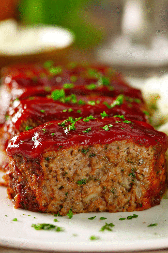 Moist classic meatloaf with a tangy ketchup glaze and fresh parsley on top, served warm on a white dinner plate.