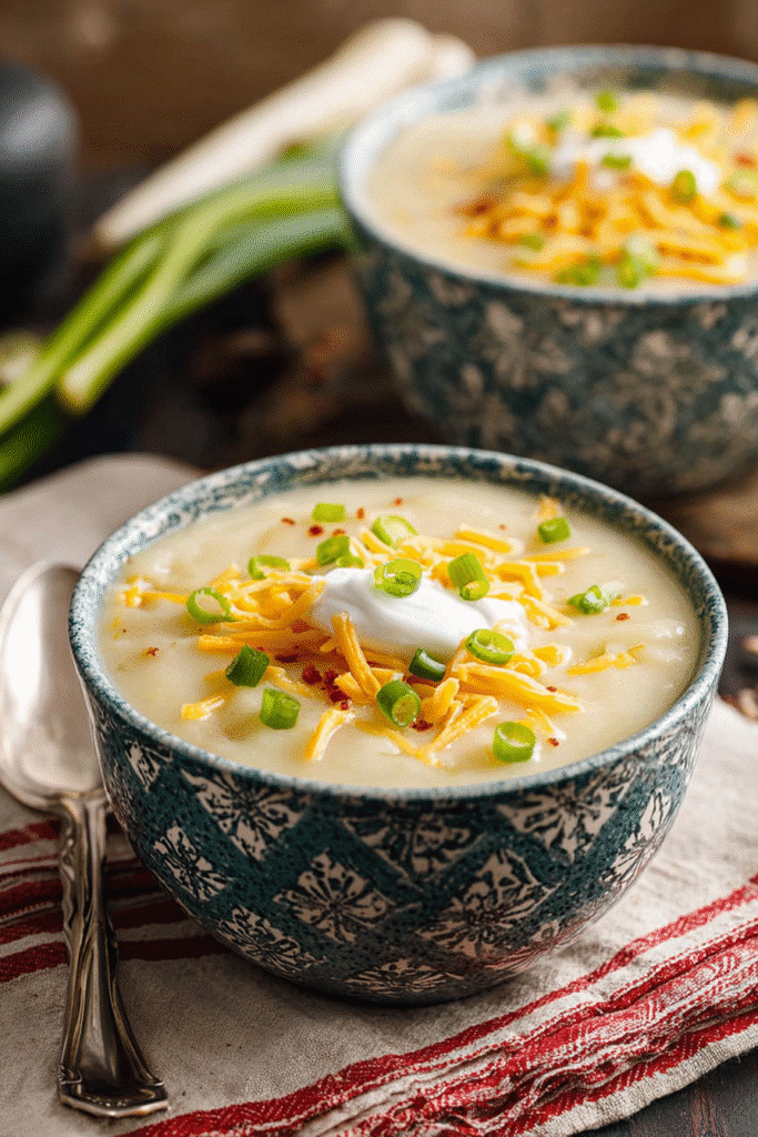 Creamy loaded potato soup topped with melted cheddar cheese, green onions, sour cream, and crispy bits on top