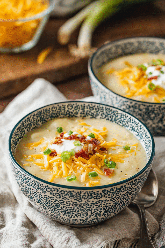 Warm loaded potato soup topped with cheddar cheese, green onions, and sour cream in a rustic blue bowl on a cloth napkin