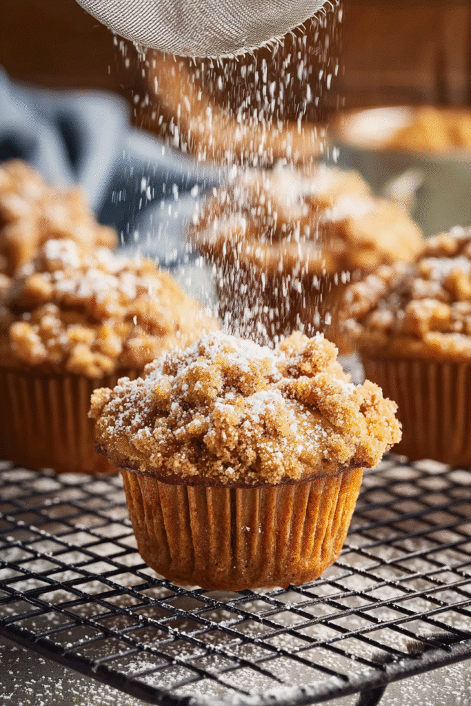 Golden spiced pumpkin streusel muffin cooling on a rack, topped with powdered sugar for a light and cozy fall treat