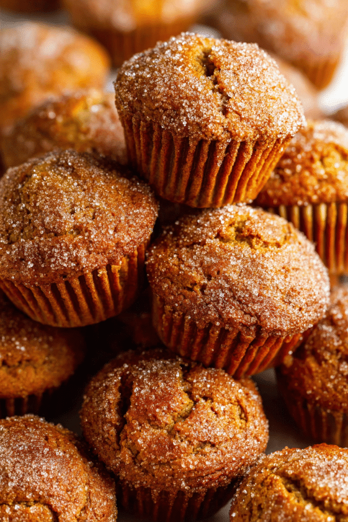 Moist pumpkin muffins topped with sugar crystals stacked together, showing golden texture and cozy autumn tones