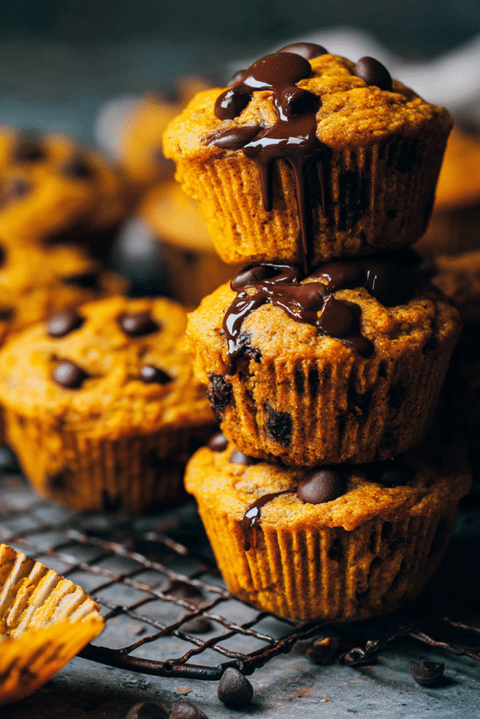 Warm pumpkin chocolate chip muffins topped with melted chocolate, stacked on a cooling rack for a cozy dessert