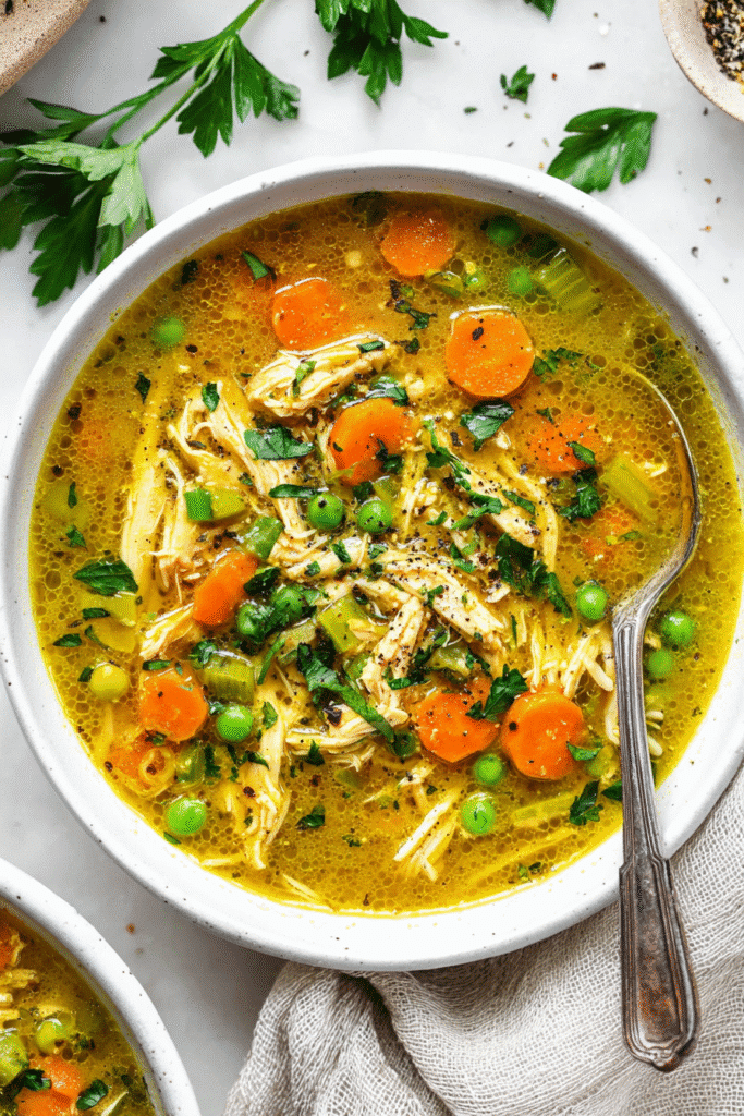 Healthy turmeric chicken soup with carrots, peas, and celery in a golden broth, garnished with fresh parsley