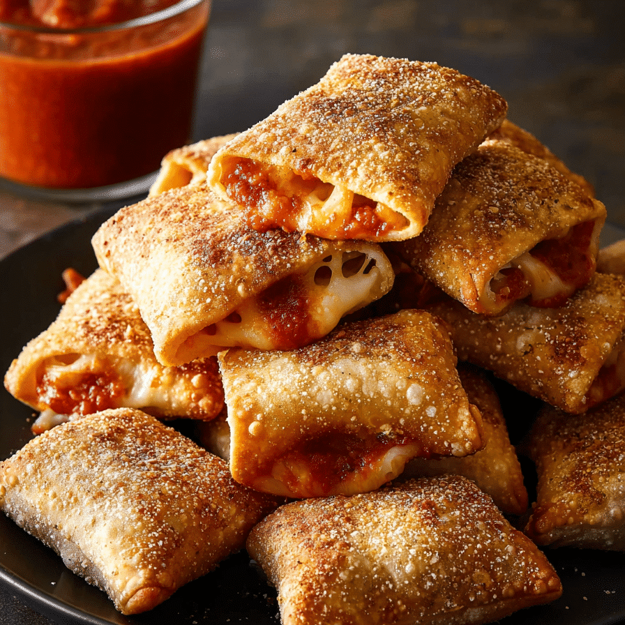 Golden crispy air fryer pizza rolls stuffed with melted cheese and marinara sauce, served hot with extra dipping sauce