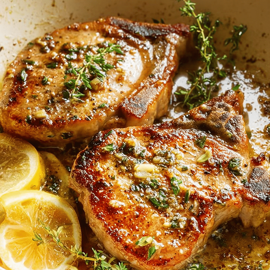 Golden garlic butter pan-seared pork chops with lemon slices and fresh herbs in a rich, flavorful skillet sauce
