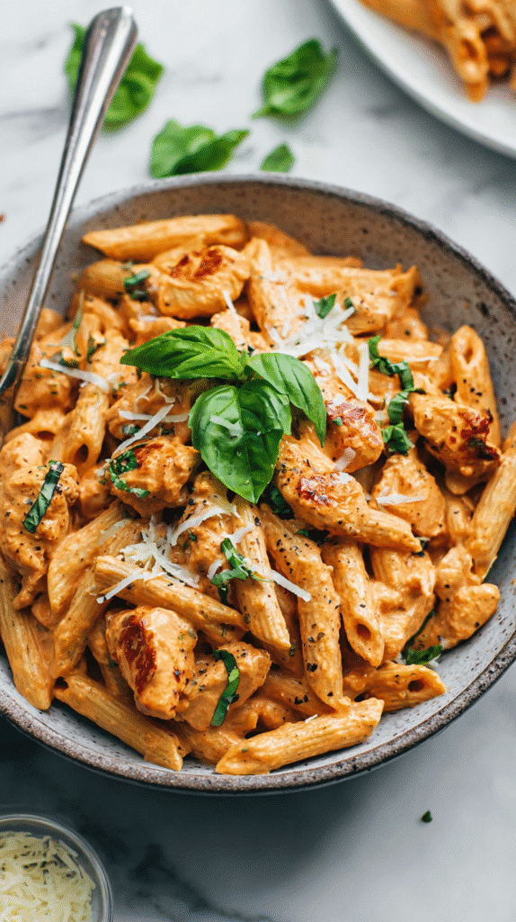 Side view of creamy tomato chicken penne pasta