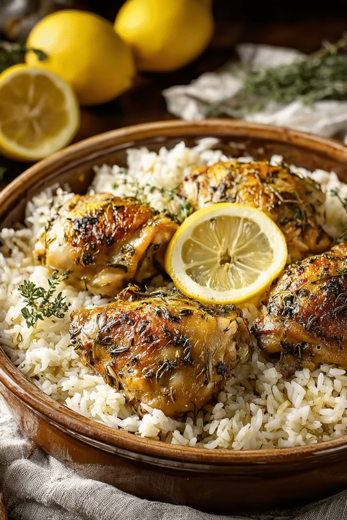 Tender slow cooker lemon herb chicken served over fluffy rice with fresh thyme and lemon slices in a rustic bowl