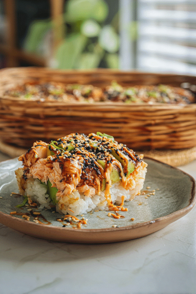 Spicy salmon sushi bake layered with rice, avocado, sesame seeds, and creamy sauce served on a plate with warm colors