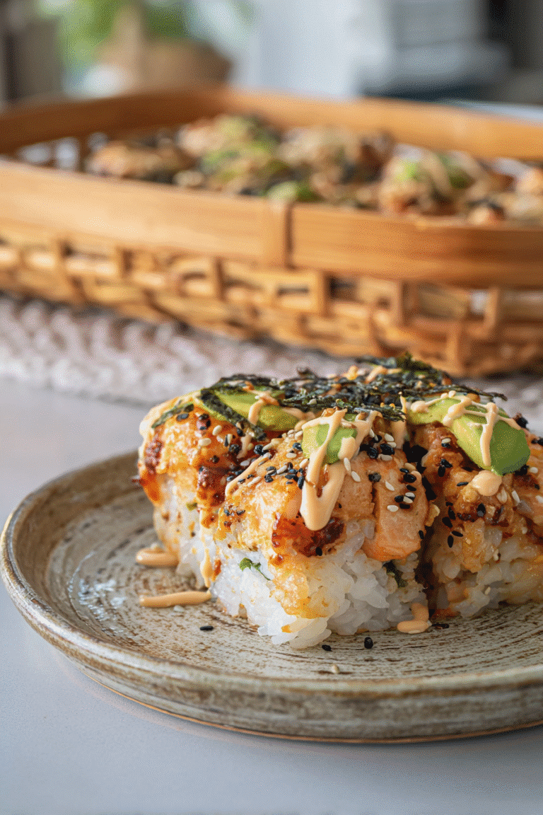 Spicy salmon sushi bake served on a plate with avocado, sesame seeds, seaweed flakes, and creamy spicy drizzle over warm rice