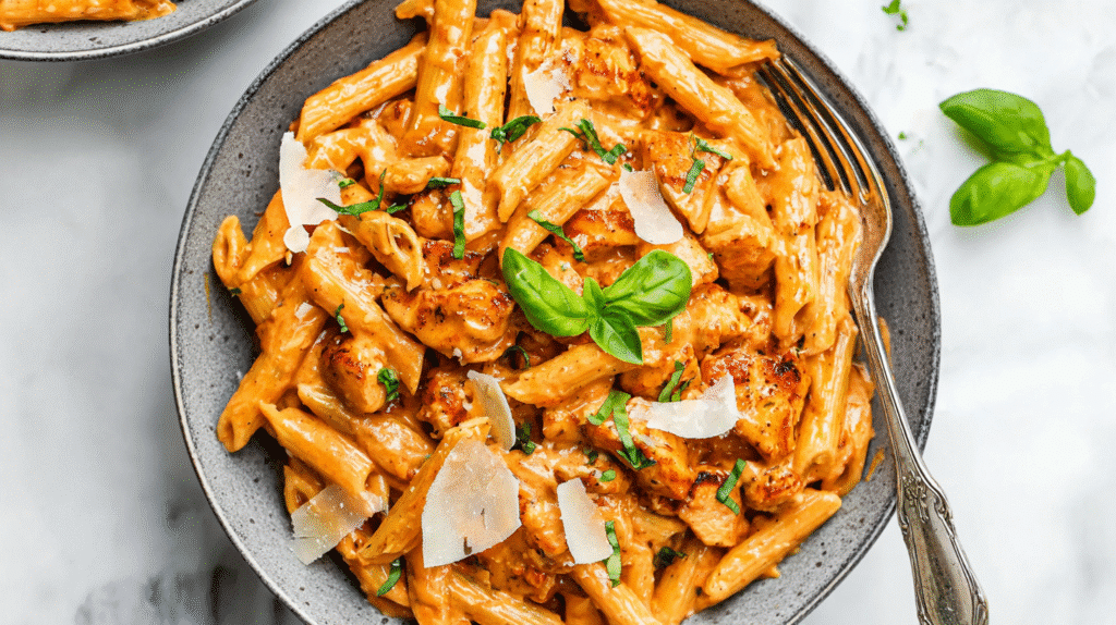 Top-down view of creamy tomato chicken pasta