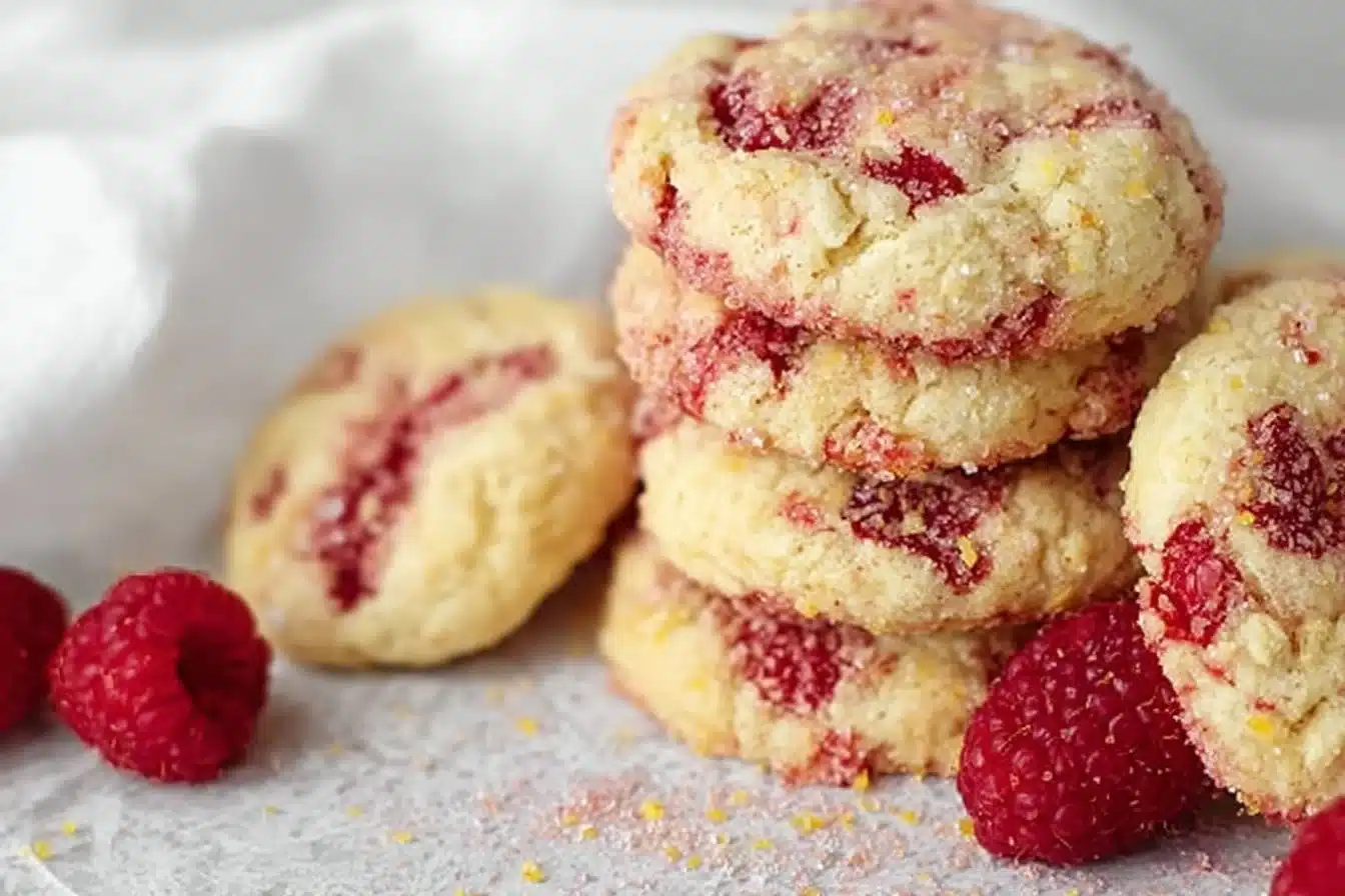 Freshly baked lemon raspberry cookies on a plate