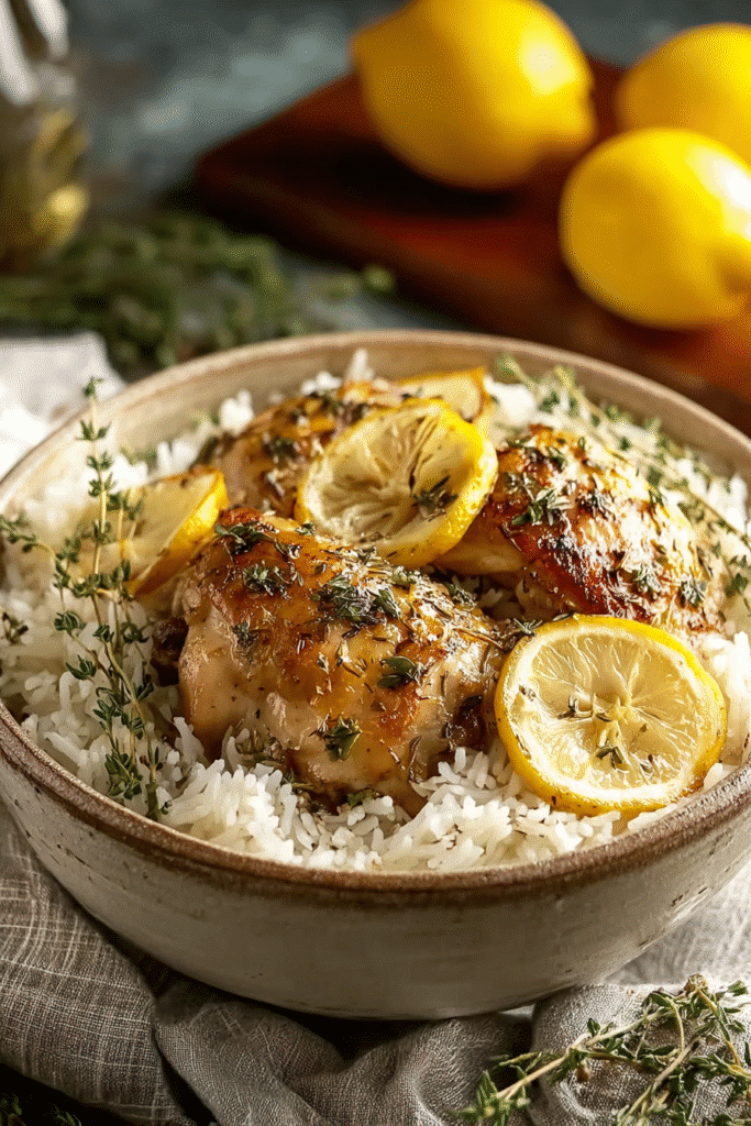 Slow cooked lemon herb chicken served over fluffy white rice with fresh thyme and lemon slices in a warm rustic bowl