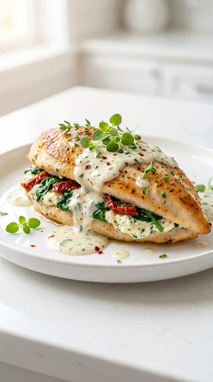 boursin chicken recipe — hero featured shot — finished dish top-down on white plate