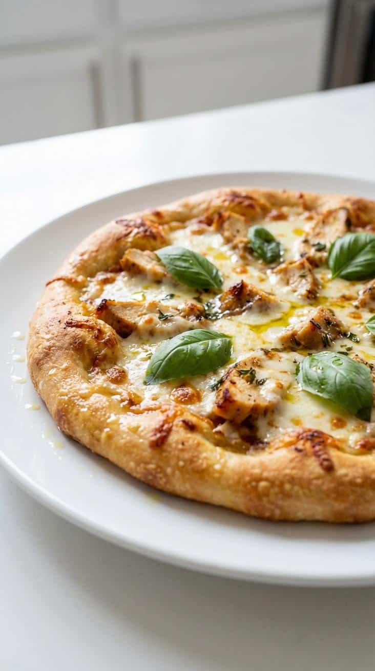 chicken pizza crust recipe — hero featured shot — finished dish top-down on white plate